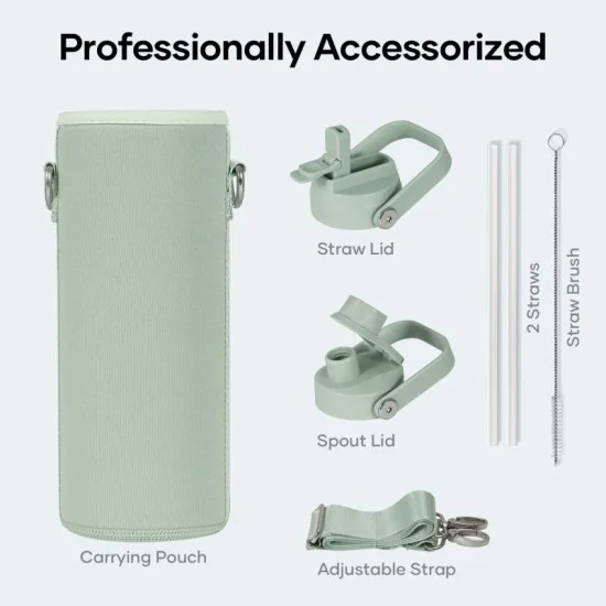 Buzio Duet Series Water Bottle with 2 Lids and Sleeve 1.2L - Green